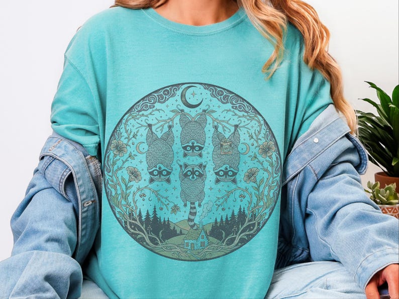 Comfort Colors Funny Raccoon Shirt, Raccoon Tree Branches Moon Graphic Tee, Trash Panda Dark Humor Design, Woodland Forest Celestial Night image 3