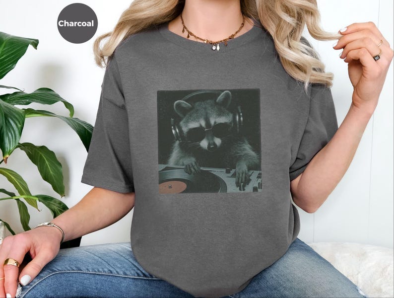 DJ Graphic Tee, Raccoon Djing Shirt, Funny Trash Panda Gift, Electronic Music Producer, Vintage Hip Hop Concert Style Tee, Raccoon Tshirt image 5