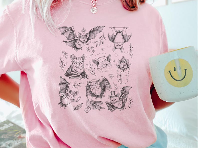 Comfort Colors Cute Bat Art, Cute Bat Illustration Fun Activities Shirt, Whimsical Bat Lover Gift, Funny Halloween Nature Tee, Halloween Bat image 7