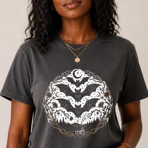 Comfort Colors Night Animals Shirt, Gothic Bat Tattoo Style Tee, Halloween Witchy Moon and Stars, Dark Fantasy Bats Night Sky image 8