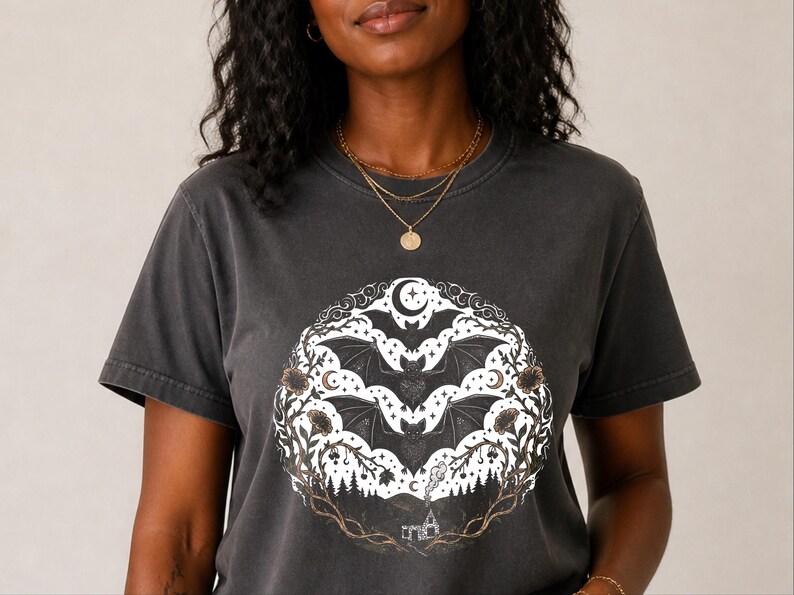 Comfort Colors Night Animals Shirt, Gothic Bat Tattoo Style Tee, Halloween Witchy Moon and Stars, Dark Fantasy Bats Night Sky image 8
