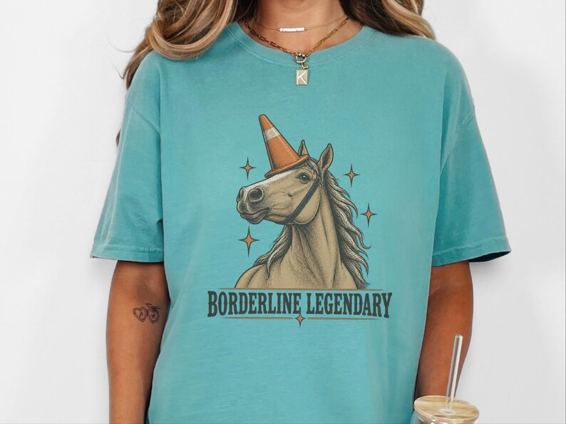 Funny Horse Shirt, Borderline Legendary Tee, Traffic Cone Unicorn Graphic, Horse Lover Gift, Equestrian Humor Top image 1
