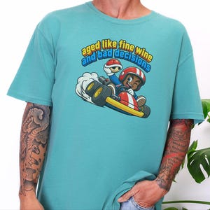 Retro Video Game Tee, Funny Gaming Shirt, Aged Like Fine Wine And Bad Decisions, Kart Racing Gift, Gamer Birthday Present, Racing Lover Tee image 1