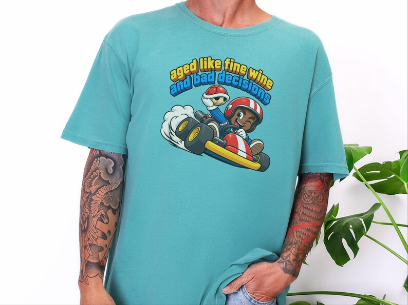 Retro Video Game Tee, Funny Gaming Shirt, Aged Like Fine Wine And Bad Decisions, Kart Racing Gift, Gamer Birthday Present, Racing Lover Tee image 1
