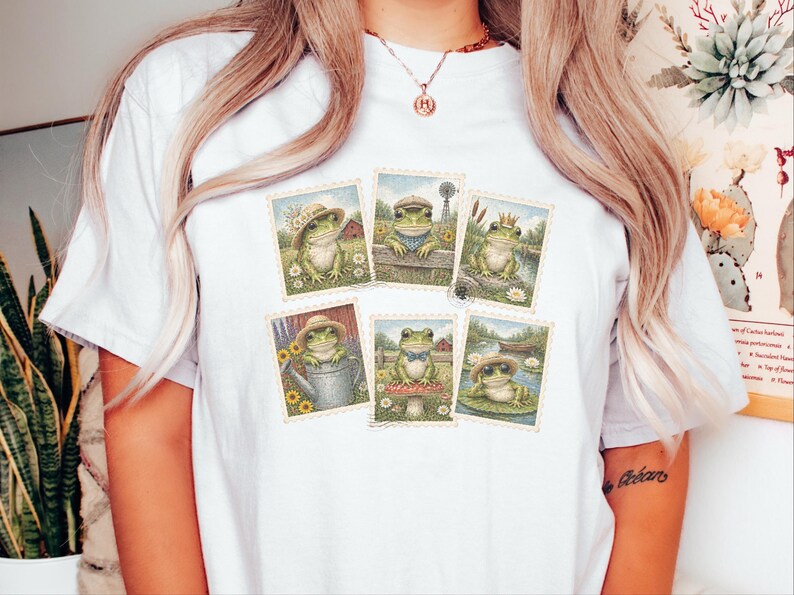 Vintage Frog Shirt, Frog Lover Gift, Postage Stamp Tee, Cottagecore Frog Tee, Animal Lover Gift image 10