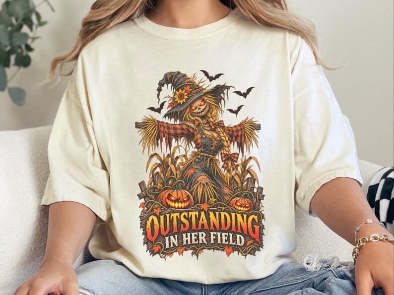 Fall Scarecrow Shirt, Halloween Tee Women, Outstanding In Her Field, Womens Fall Shirt, Spooky Graphic Tee image 3