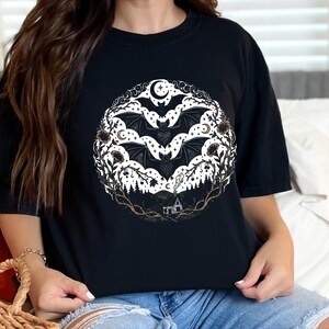 Comfort Colors Night Animals Shirt, Gothic Bat Tattoo Style Tee, Halloween Witchy Moon and Stars, Dark Fantasy Bats Night Sky image 3