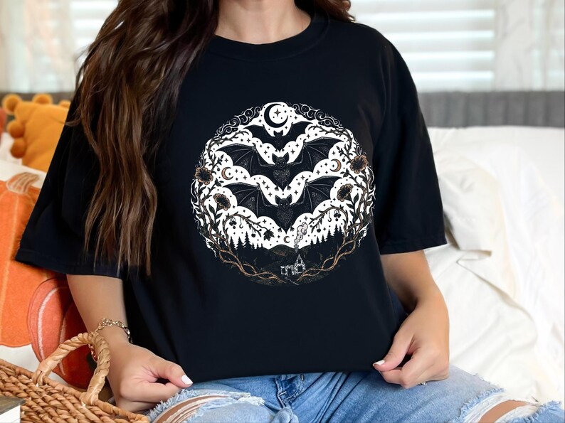 Comfort Colors Night Animals Shirt, Gothic Bat Tattoo Style Tee, Halloween Witchy Moon and Stars, Dark Fantasy Bats Night Sky image 3