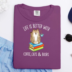 Comfort Colors Reading Cat Tee, Life Is Better With Coffee, Cats and Books Shirt, Literature Teacher Bookworm Top, Whimsical Cat Tee image 8