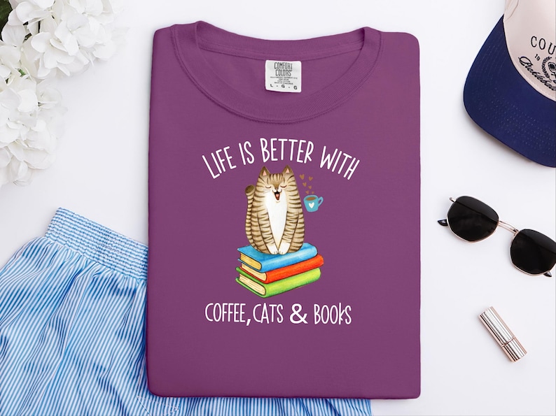 Comfort Colors Reading Cat Tee, Life Is Better With Coffee, Cats and Books Shirt, Literature Teacher Bookworm Top, Whimsical Cat Tee image 8