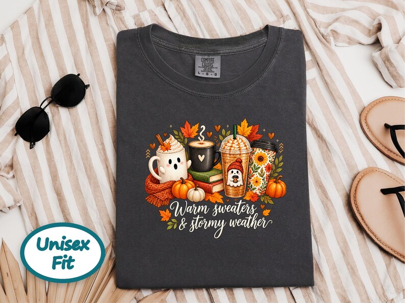 Ghost Coffee Shirt, Fall Coffee Shirt, Halloween Coffee Tee, Cute Ghost Sweater, Warm Sweaters And Stormy Weather, Autumn Sweatshirt image 6