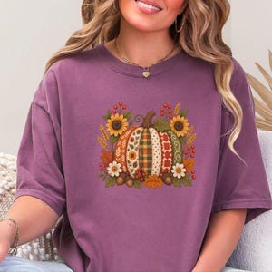 Floral Pumpkin Shirt, Vintage Patchwork Fall Tee, Cottagecore Thanksgiving Outfit, Quilted Pumpkin Autumn Garden Gift image 1