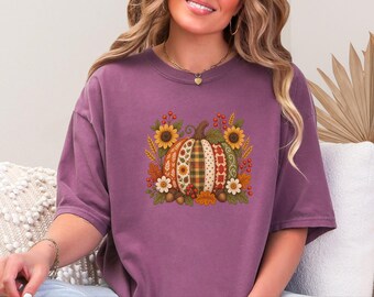 Bloemenprint pompoen shirt, vintage patchwork herfstshirt, cottagecore Thanksgiving outfit, gewatteerd pompoen herfsttuin cadeau
