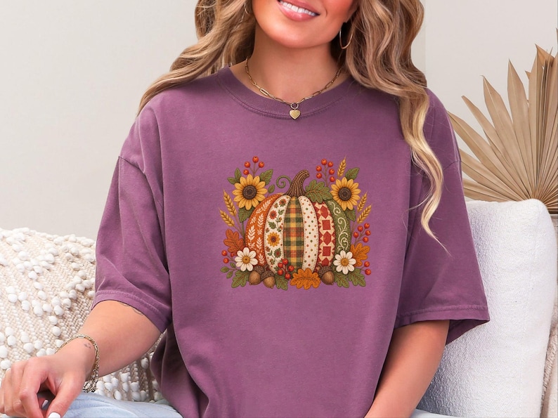 Floral Pumpkin Shirt, Vintage Patchwork Fall Tee, Cottagecore Thanksgiving Outfit, Quilted Pumpkin Autumn Garden Gift image 1