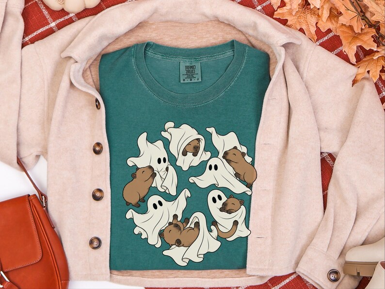 Cute Capybara Shirt, Ghost Playing With Capybara Gift, Spooky Ghost Tee, Rodent Lover Fall Shirt, Halloween Animal Graphic Tee image 8
