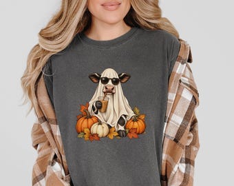 Ghost Cow Shirt, Halloween Coffee Tee, Fall Coffee Shirt, Ghost Coffee Cup Sweatshirt, Pumpkin Spice Fall Outfit