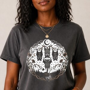 Comfort Colors Night Animals Halloween Racoon Bats Floral Night Scene Shirt, Vintage Spooky Moon Phases Tee, Goth Cottagecore Witchy Fall image 4
