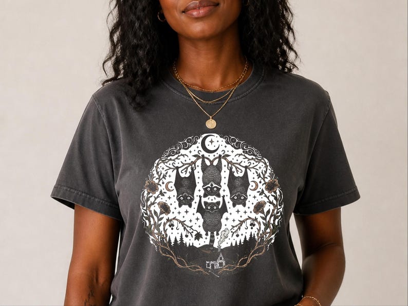 Comfort Colors Night Animals Halloween Racoon Bats Floral Night Scene Shirt, Vintage Spooky Moon Phases Tee, Goth Cottagecore Witchy Fall image 4