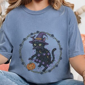 Comfort Colors Gothic Black Cat Print Shirt, Black Cat Witch Hat Tee, Spooky Fantasy Whimsical Halloween Art, Dark Feminine Whimsi Goth image 5