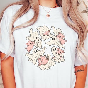 Camiseta de fantasma, regalo para amantes de los cerdos, camiseta de fantasma de Halloween, camiseta de temporada espeluznante, camiseta con estampado de cerdo, camiseta de animales de granja imagen 3