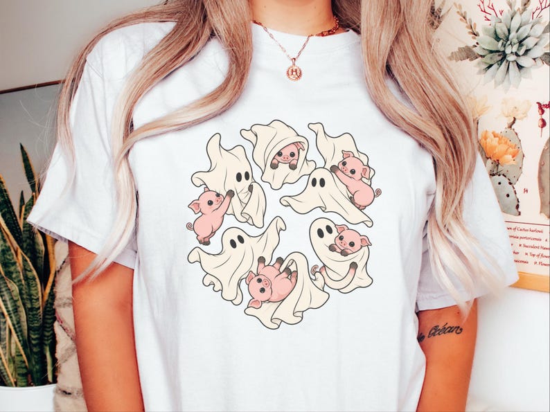 Camiseta de fantasma, regalo para amantes de los cerdos, camiseta de fantasma de Halloween, camiseta de temporada espeluznante, camiseta con estampado de cerdo, camiseta de animales de granja imagen 3