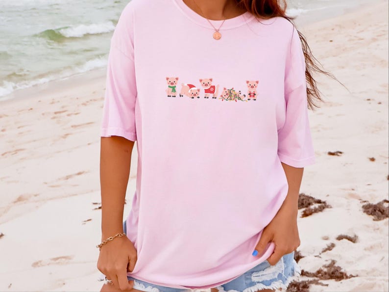Christmas Pig Shirt, Cute Pig Christmas Gift, Holiday Pig Graphic Tee, Christmas Animal Shirt image 2