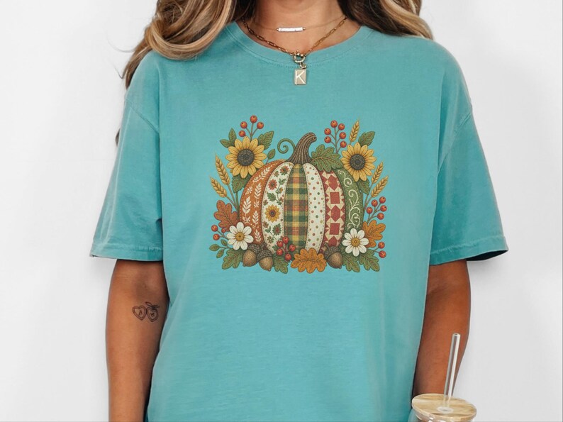 Floral Pumpkin Shirt, Vintage Patchwork Fall Tee, Cottagecore Thanksgiving Outfit, Quilted Pumpkin Autumn Garden Gift image 10