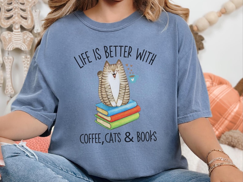 Comfort Colors Reading Cat Tee, Life Is Better With Coffee, Cats and Books Shirt, Literature Teacher Bookworm Top, Whimsical Cat Tee image 3