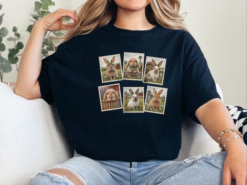 Vintage Bunny Shirt, Cottagecore Rabbit Tee, Postage Stamp Art Gift, Farmhouse Animal Lover Top, Retro Spring Nature Apparel image 3