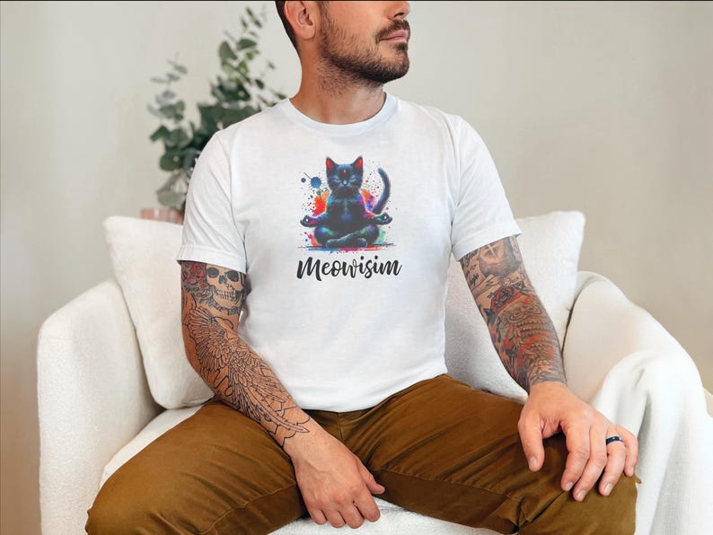 Camiseta Sassy Cat Purr Meowisim Rainbow Feline, Camiseta de humor psicodélico para mascotas, Gráfico de gatito colorido y peculiar, Regalo para amantes de los felinos negros imagen 1