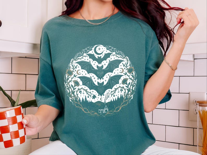 Comfort Colors Night Animals Shirt, Gothic Bat Tattoo Style Tee, Halloween Witchy Moon and Stars, Dark Fantasy Bats Night Sky image 10