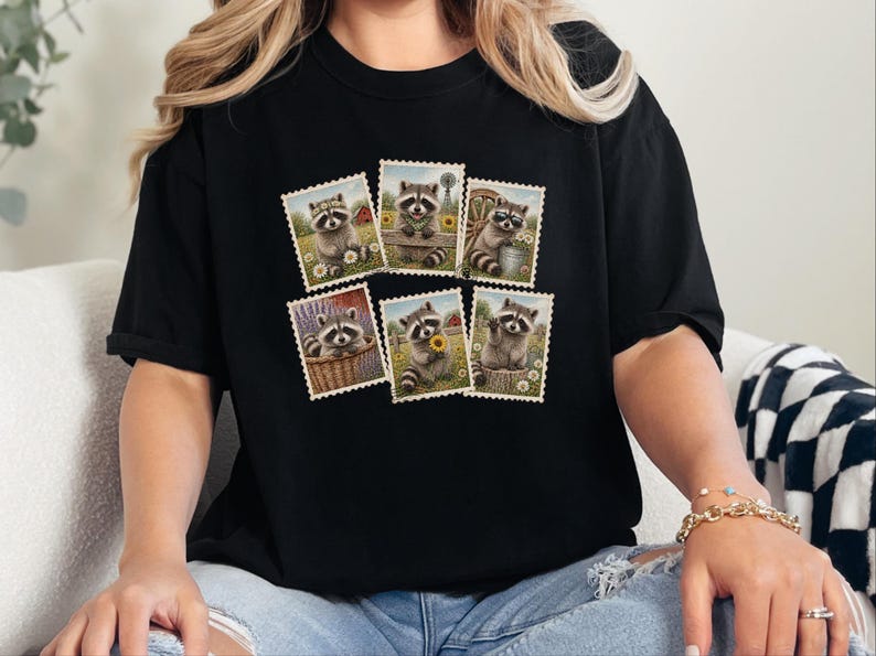 Raccoon Postage Stamp Shirt, Vintage Animal Lover Gift, Farm Girl Tee, Rustic Nature Graphic Shirt image 9