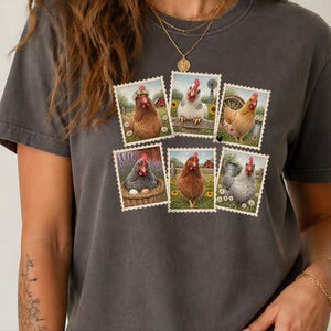 Vintage Chicken Shirt, Postage Stamp Tee, Farm Girl Shirt, Chicken Lover Gift, Retro Farmhouse Shirt, Country Living Shirt image 10