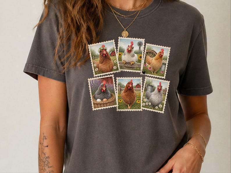 Vintage Chicken Shirt, Postage Stamp Tee, Farm Girl Shirt, Chicken Lover Gift, Retro Farmhouse Shirt, Country Living Shirt image 10