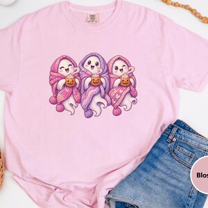 Spooky Season Shirt, Pink Ghost Sweatshirt, Cute Ghost Tee, Cozy Fall Halloween Gift image 1