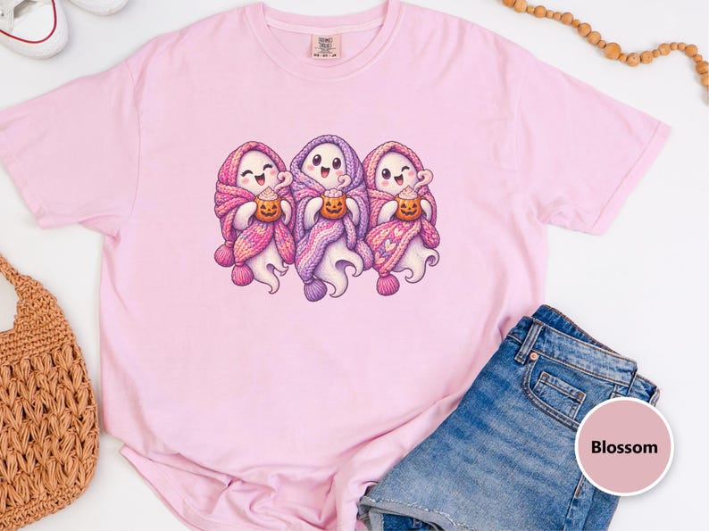 Spooky Season Shirt, Pink Ghost Sweatshirt, Cute Ghost Tee, Cozy Fall Halloween Gift image 1