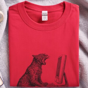Angry Cat T-Shirt, Cat Vs Computer Tee, Vintage Engraving Art, Retro Computer Art image 5