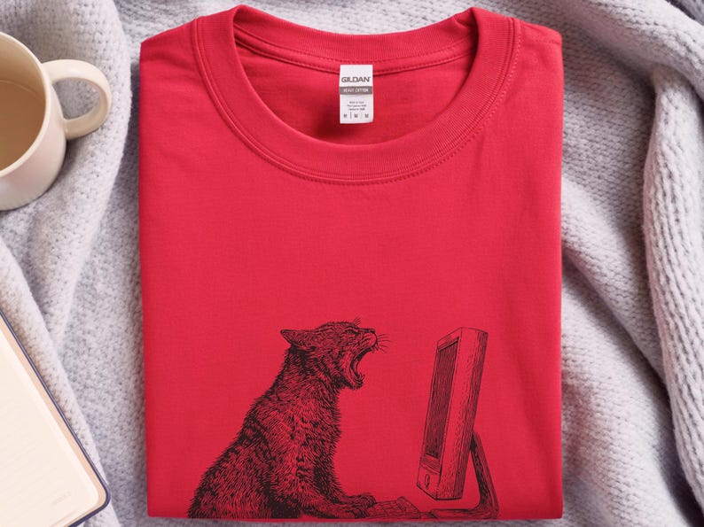 Angry Cat T-Shirt, Cat Vs Computer Tee, Vintage Engraving Art, Retro Computer Art image 5