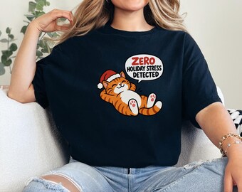Lustiges Weihnachts-Katzen-Shirt, Geschenkidee für orangefarbene Tabby-Katzen, Stressfrei in den Ferien, Gemütliches Weihnachts-Shirt, Lustiges T-Shirt für Katzenliebhaber, Sweatshirt für Katzenmama