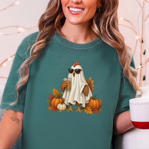 Halloween Chicken Shirt, Ghost Coffee Tee, Fall Chicken Gift, Chicken Lover Shirt, Spooky Season Tee image 6
