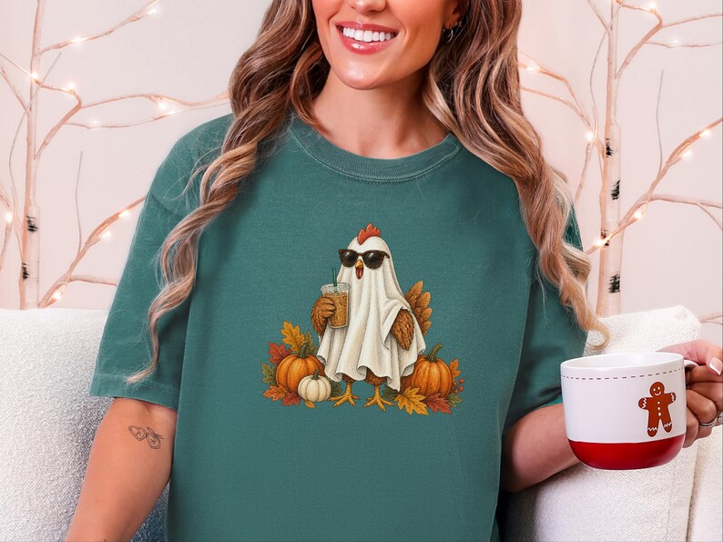 Halloween Chicken Shirt, Ghost Coffee Tee, Fall Chicken Gift, Chicken Lover Shirt, Spooky Season Tee image 6