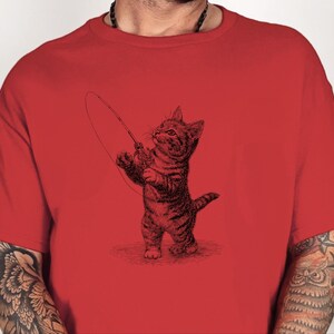 Parody Cat Shirt, Kitten Fishing Vintage Engraving, Retro Funny Cat Tee, Antique Line Art, Old World Graphic Novelty Humor, Fishermans Gift image 5