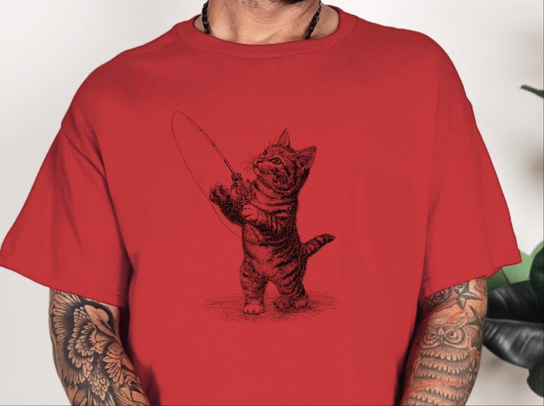 Parody Cat Shirt, Kitten Fishing Vintage Engraving, Retro Funny Cat Tee, Antique Line Art, Old World Graphic Novelty Humor, Fishermans Gift image 5