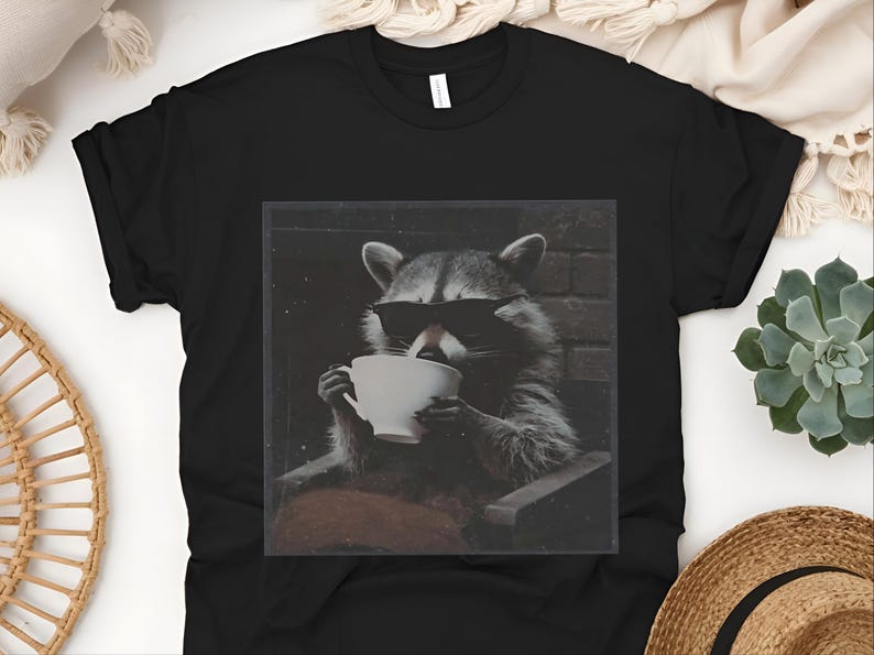 Funny Raccoon Sipping A Cup Of Tea Tee, Sarcastic Trash Panda Retro Wildlife Graphic Shirt, Humorous Animal Lover Tea Drinker Gift image 5