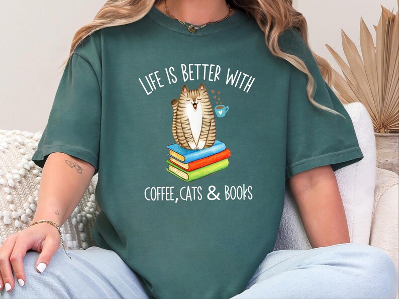 Comfort Colors Reading Cat Tee, Life Is Better With Coffee, Cats and Books Shirt, Literature Teacher Bookworm Top, Whimsical Cat Tee image 5