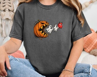 パックマンシャツ、ハロウィンゲーマーギフト、レトロアーケードTシャツ、不気味な季節のシャツ、パンプキンパックマンシャツ、ハロウィンパーティートップ、ゲーミングギフト