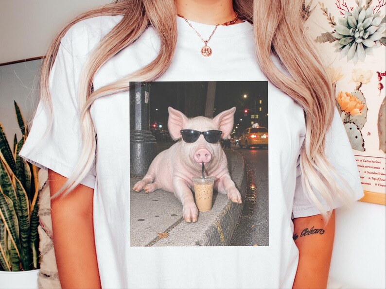 Pig Drinking Iced Coffee Shirt, Pig Lover Gift, Funny Animal Meme Tee, Coffee Lover Shirt, Pig Farmer Gift image 8