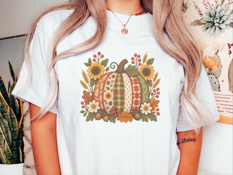 Floral Pumpkin Shirt, Vintage Patchwork Fall Tee, Cottagecore Thanksgiving Outfit, Quilted Pumpkin Autumn Garden Gift image 6