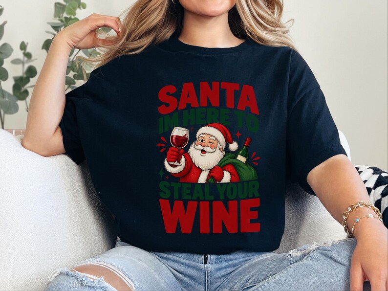 Camiseta Festa do Vinho, Design Retrô do Papai Noel, Presente de Natal com Vinho, Camiseta Divertida de Natal, Papai Noel, Vim Roubar Seu Vinho, Camiseta para Amantes de Vinho imagem 6
