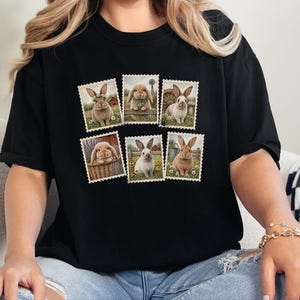 Vintage Bunny Shirt, Cottagecore Rabbit Tee, Postage Stamp Art Gift, Farmhouse Animal Lover Top, Retro Spring Nature Apparel image 7